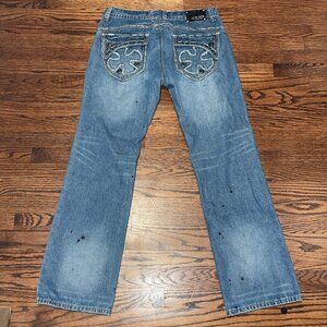 Y2K CJ Black Mens Jeans Low Rise Bootcut Dark Wash Distressed Size 34x34